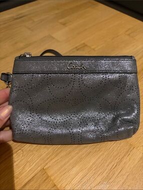 Coach Metallic Gray Perforated Leather Wristlet